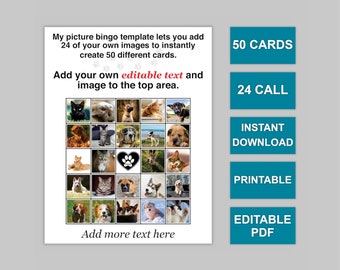 Editable Picture Bingo Template, 50 Cards Automatically Fill, 24 Call, Editable Text and Images, Instant Pdf Download, DIY Custom Bingo