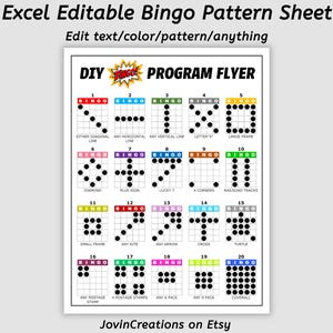 以下が含まれることがあります： さまざまなビンゴパターンを含む、印刷可能なExcelビンゴパターンシート。対角線、文字X、プラス記号など。シートには「DIY Program Flyer」と表示され、「Edit text/color/pattern/anything」というテキストが含まれています。