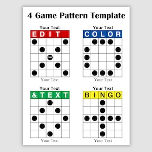以下が含まれることがあります： 異なるパターンを持つ4つのビンゴカードテンプレート。カードは赤、青、緑、黄色の4色で、「EDIT」、「COLOR」、「&TEXT」、「BINGO」の文字が印刷されています。各カードは5x5のグリッドになっており、一部のマスには黒い円が描かれています。