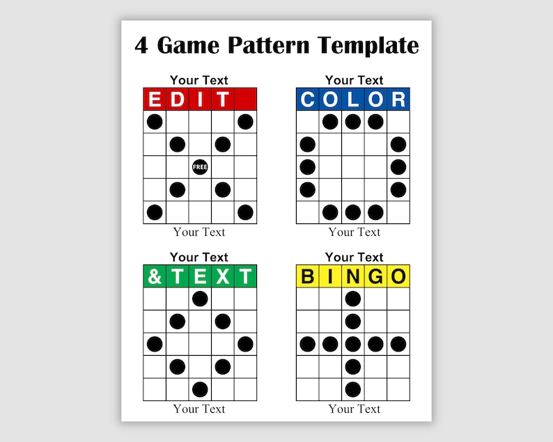 Może przedstawiać: Cztery szablony kart do bingo z r&oacute;żnymi wzorami. Karty są czerwone, niebieskie, zielone i ż&oacute;łte z nadrukowanymi słowami "EDIT", "COLOR", "&TEXT" i "BINGO". Każda karta ma siatkę 5x5 z czarnymi k&oacute;łkami na niekt&oacute;rych polach.