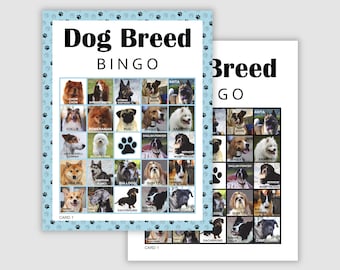 25 Dog Breed Bingo Cards Pdf Download, 1 and 2 Per Page, Instant Printable Fun Party Game, Memory Card Game