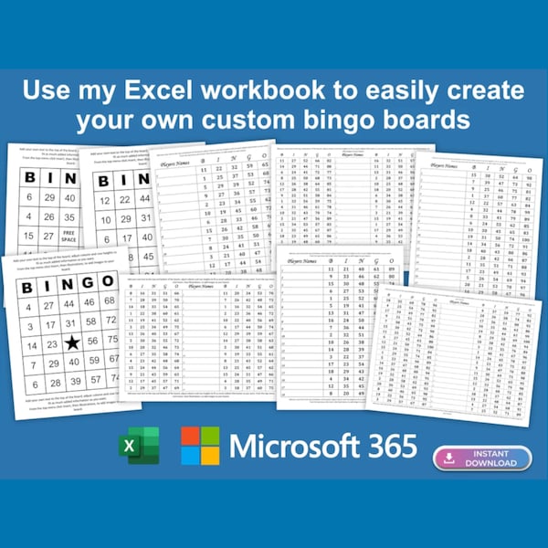 Custom Bingo Card and Board Maker, Excel Microsoft 365 Workbook, Instant Download, Generate Custom Bingo Cards and Boards