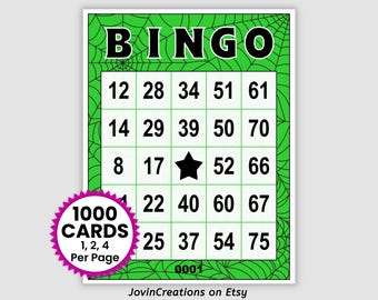 Halloween Bingo Cards Pdf Download, 1, 2, and 4 Per Page, Green Spider Web, Instant Printable Halloween Party Game, 1000 Unique Cards