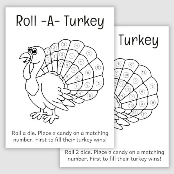 Roll A Turkey Dice Game Pdf Download, Instant Printable Fun Thanksgiving Kids Table Candy Game, Black and White