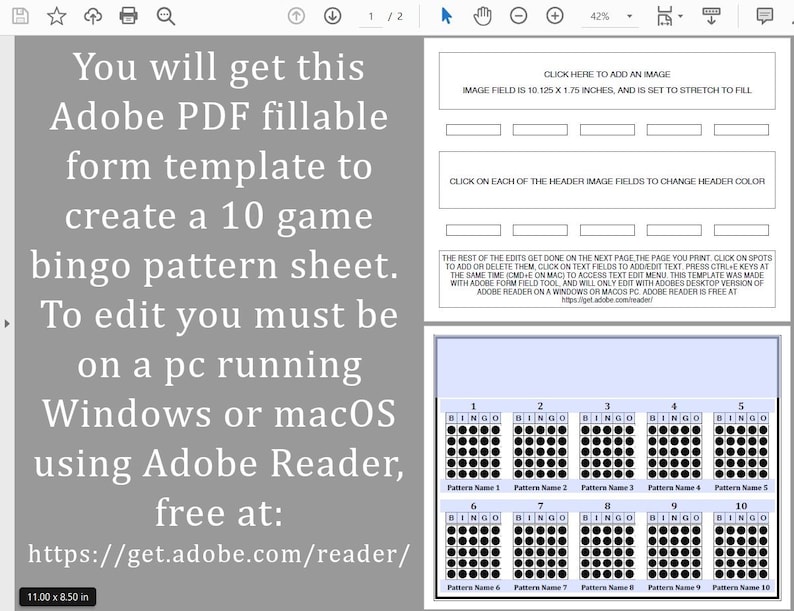 May include: A printable PDF template for creating 10 bingo game pattern sheets. The template is designed to be edited using Adobe Reader, which is available for free download at the provided URL. The image shows a sample of the bingo pattern sheets.