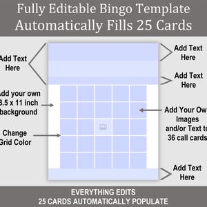 May include: A customizable bingo template that automatically generates 25 cards. The template features a blue grid with 25 squares, and allows users to add their own text, images, and background. The text "EVERYTHING EDITS 25 CARDS AUTOMATICALLY POPULATE" is displayed at the bottom of the template.