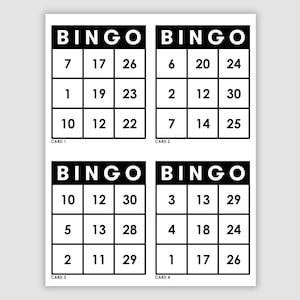 500 Large Print 30 Call Speed Bingo Cards, 3 x 3 grid, prints 1, 2, and 4 per page, Instant pdf download