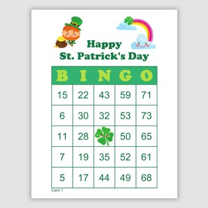 1000 St. Patrick's Day Bingo Cards Pdf Download, 1 and 2 Per Page, Instant Printable Fun Party Game, leprechaun rainbow
