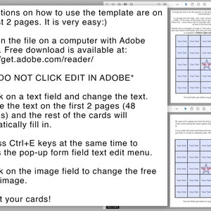 May include: Instructions on how to use a printable template for creating cards. The instructions explain how to edit text fields and images in Adobe Reader. The template includes a grid with 48 squares for text and a star image.