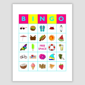 Summer Bingo Cards, 100 Cards, 1 Per Page, PDF Download, Instant Printable Fun Party Game