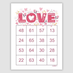 1000 LOVE Bingo Cards Pdf Download, 1, 2, and 4 Per Page, Instant Printable Fun Valentine's Day Party Game, Valentine's Day Bingo Cards