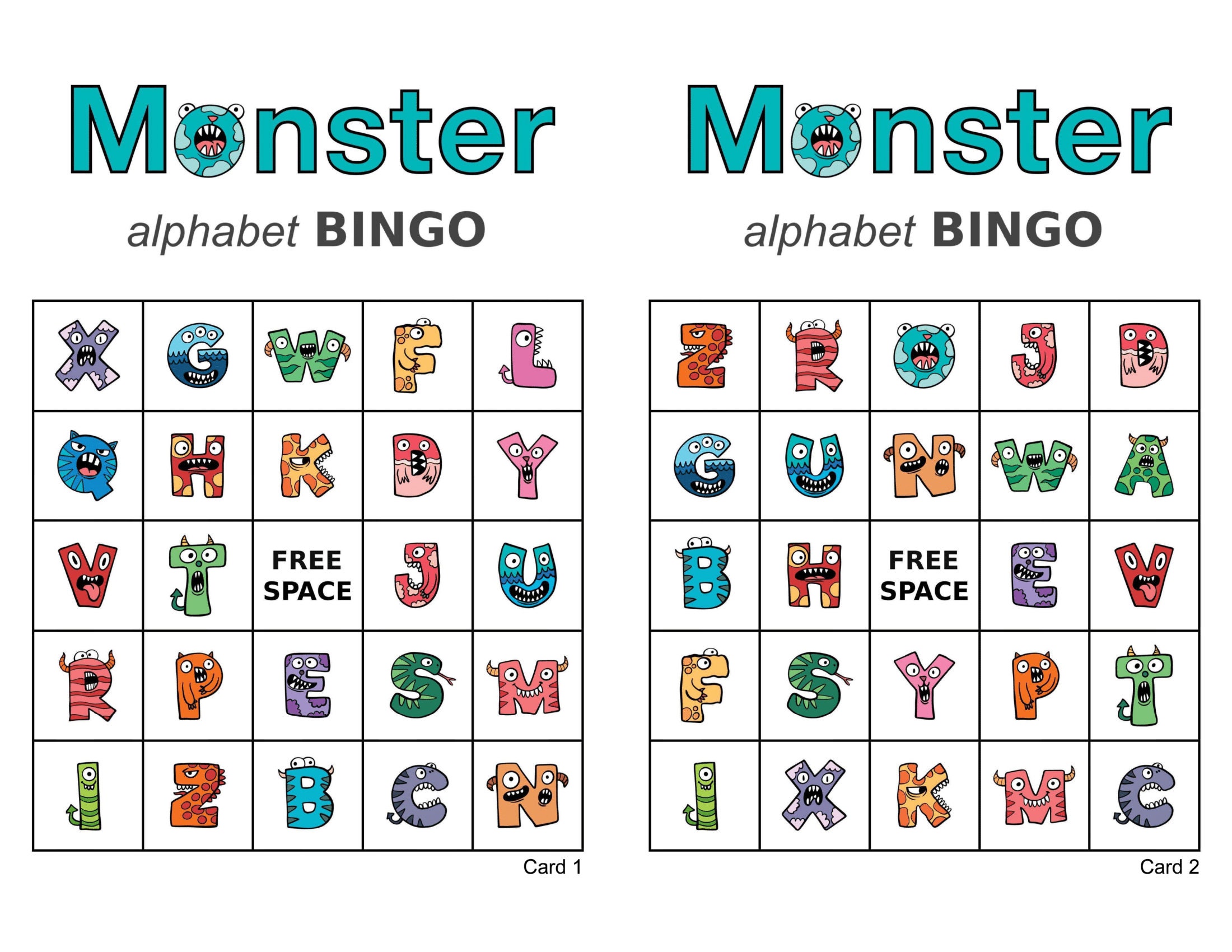 100 Monster Alphabet Bingo Cards 2 Per Page Instant Pdf Etsy