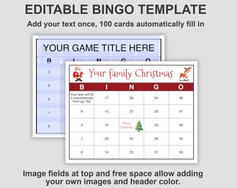 100 Card Editable Text Bingo Template, 50 Calls, 10 Numbers Assigned Per Column, Pdf Download, Cards Automatically fill, DIY Bingo Cards