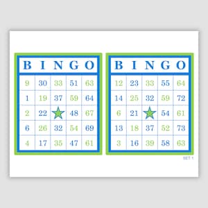 1000 Bingo Cards Pdf Download, 2 Per Page, Instant Printable Fun Party Game, blue and green