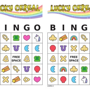 100 Lucky Cereal Bingo Cards , 1 and 2 Page, 65 Call, Instant Printable Pdf Download, Fun Party Game