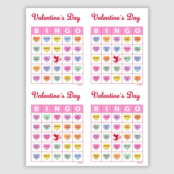 100 Valentine’s Day Bingo Cards Pdf Download, 4 Per Page, Instant Printable Fun Party Game