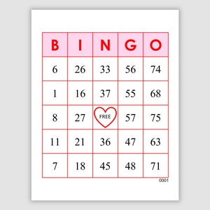 1000 Bingo Cards Pdf Download, 1, 2, and 4 Per Page, Instant Printable Fun Party Game, pink w/heart