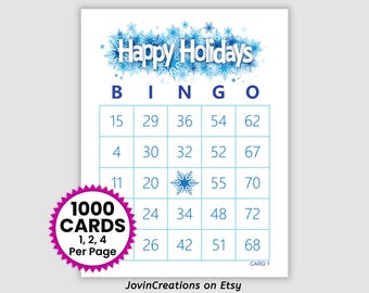 May include: A white Bingo card with blue text and a snowflake design. The words "Happy Holidays" are at the top, with the word "BINGO" below. The card has a grid of numbers and a pink seal that says "1000 CARDS 1, 2, 4 Per Page".