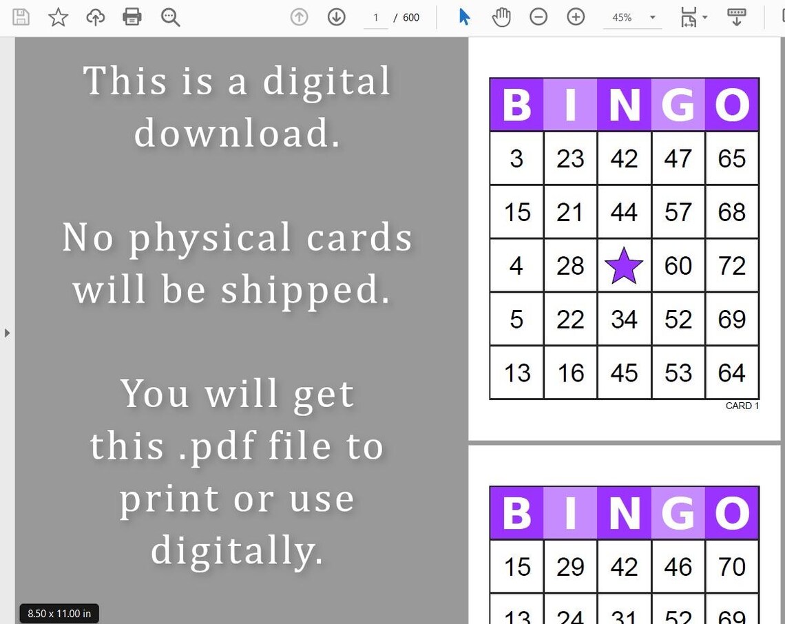 600 Bingo Cards Pdf Download, 1, 2, 4, and 6 per Page, Instant ...