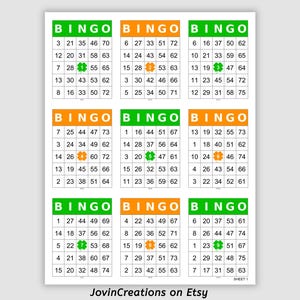1800 St. Patrick's Day Bingo Cards 9 Per Page Game Numbered Pdf Download, Horizontal and Vertical Game Layouts Included Green Orange Clover