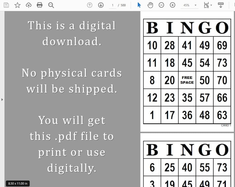 Screenshot of 1 per page bingo card pdf