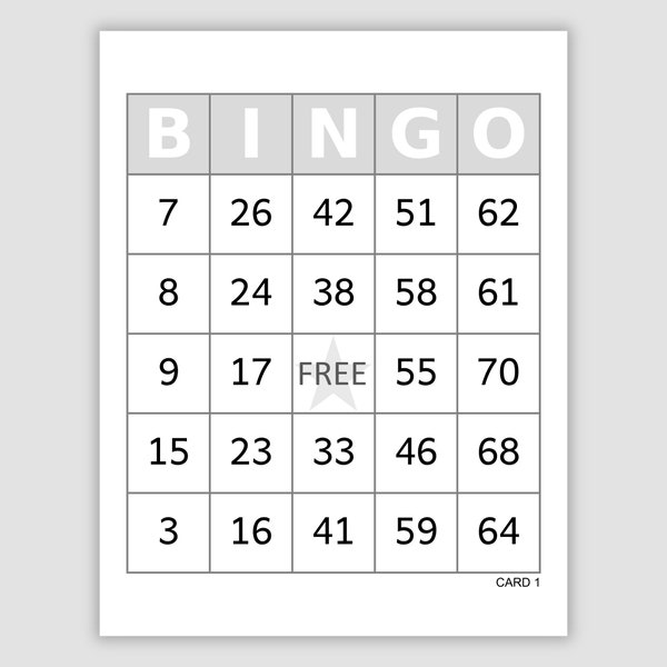 2000 Bingo Cards Pdf Download, 1, 2, and 4 Per Page, Instant Printable Fun Party Game, Gray
