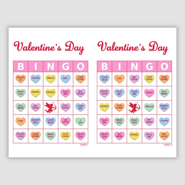 100 Valentine’s Day Bingo Cards Pdf Download, 1 and 2 Per Page, Instant Printable Fun Party Game, Conversation Hearts