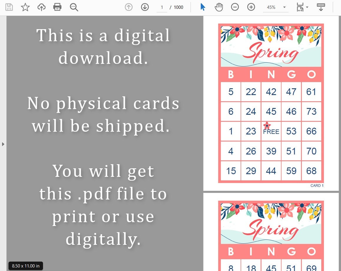 1000 Bingo Cards, Pdf Download, 1, 2, and 4 per Page, Instant Printable ...