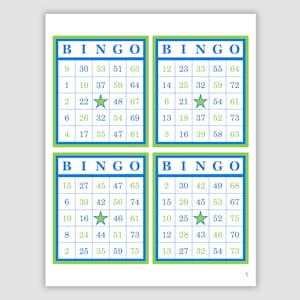 1000 Bingo Cards Pdf Download, 4 Per Page, Instant Printable Fun Party Game, Green and Blue