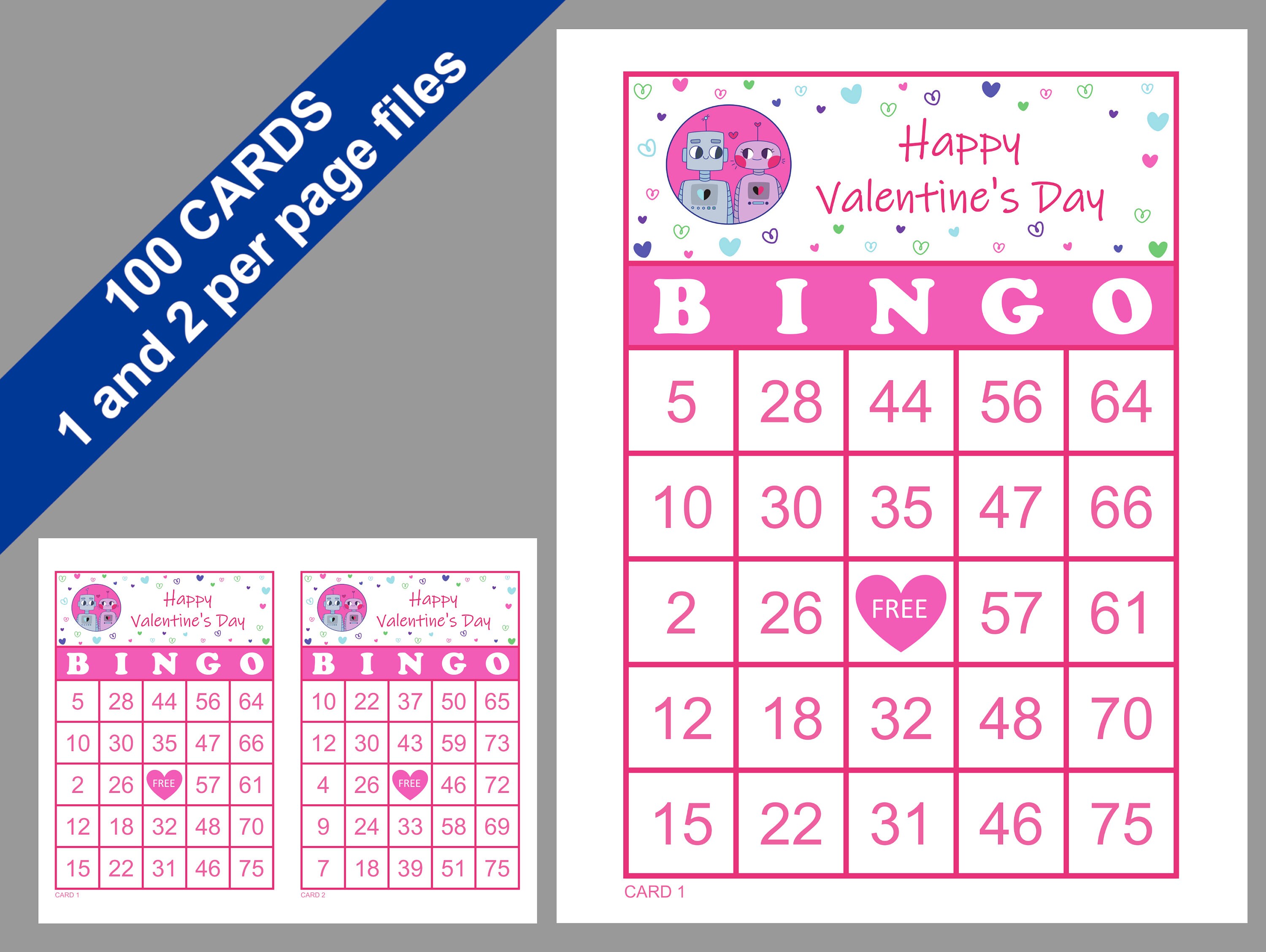Valentines Day Bingo Cards 100 Cards Prints 1 and 2 per - Etsy