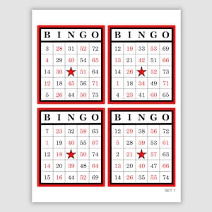 1000 Bingo Cards Pdf Download, 4 per page, Instant Printable Fun Party Game, red and black
