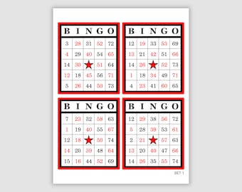 1000 Bingo Cards Pdf Download, 4 per page, Instant Printable Fun Party Game, red and black