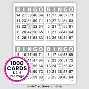 1000 Bingo Cards Pdf Download, 1, 2, and 4 Per Page, Large Print, Instant Printable Fun Party Game, Set 1