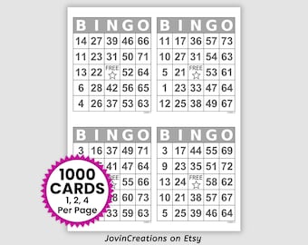 May include: Four black and white bingo cards arranged in a grid on a white background. Each card features a five-by-five grid with the word BINGO at the top and a central free star space. A pink circular badge reads 1000 CARDS 1, 2, 4 Per Page.