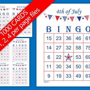 1000 Fourth of July Bingo Cards, Pdf Download, 1, 2, and 4 Per Page, Instant Printable Fun Party Game, Patriotic, 4th of July