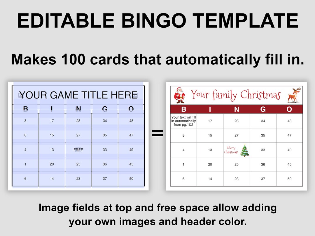 Editable Bingo Card Template Makes 100 Cards 50 Call Game Etsy
