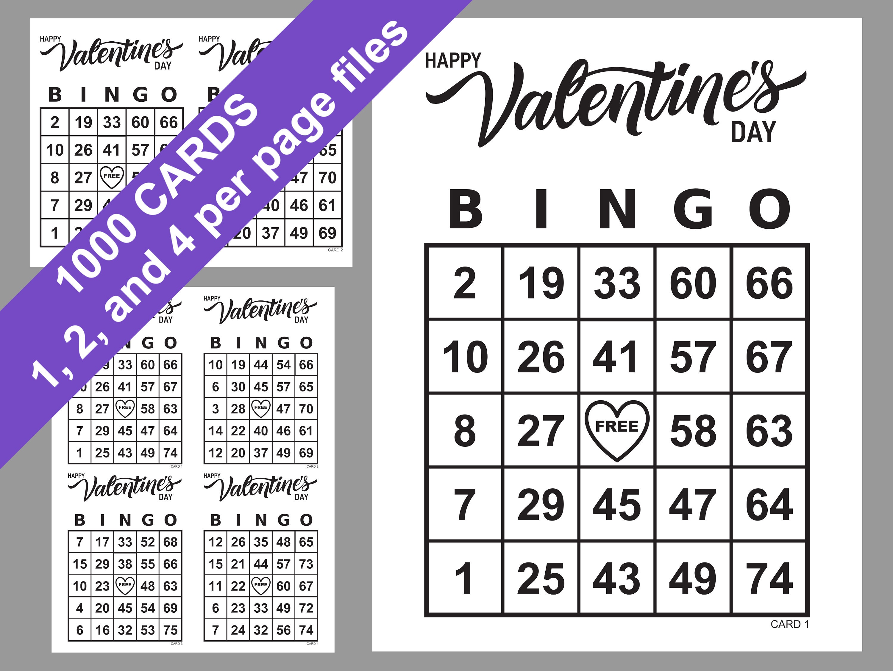 Valentines Day Bingo Cards 1000 Cards: 1 2 4 per Page - Etsy