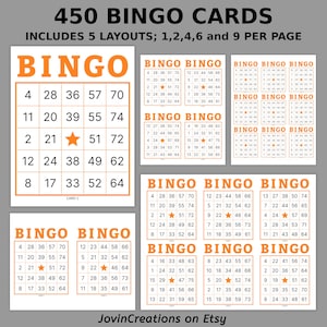 Puede incluir: Un conjunto de tarjetas de bingo con varios diseños, incluyendo 1, 2, 4, 6 y 9 por página. Las tarjetas presentan el texto "BINGO" en naranja y cuadrículas de números. La imagen incluye el texto "450 BINGO CARDS" y "JovinCreations on Etsy".
