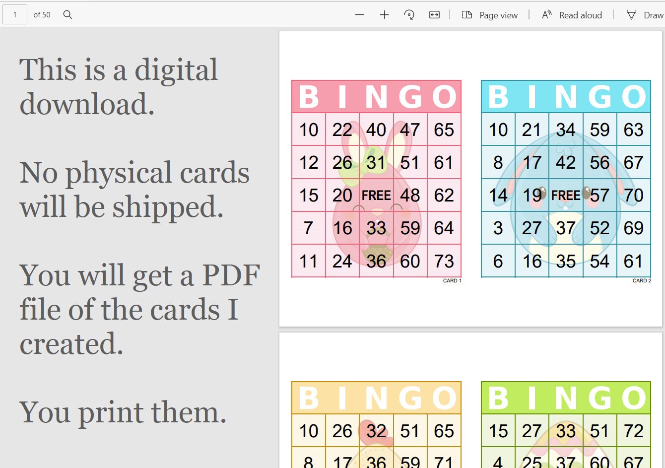 Easter Bingo Cards 100 cards 1 2 and 4 per page .pdf | Etsy