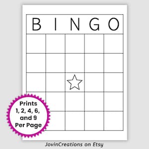 Blank Bingo Card Template, Prints 1, 2, 4, 6, and 9 Per Page, Printable PDF download make your own bingo card printable card bingo STAR
