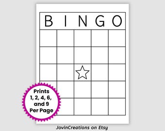 Blank Bingo Card Template, Prints 1, 2, 4, 6, and 9 Per Page, Printable PDF download make your own bingo card printable card bingo STAR
