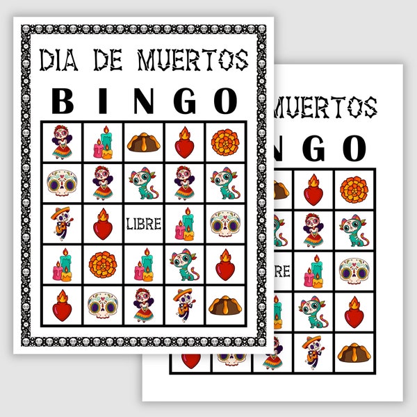 50 Día de Muertos Picture Bingo Cards Pdf Download, 1 and 2 Per Page, Instant Printable Fun Party Game, Day of the Dead Bingo Cards