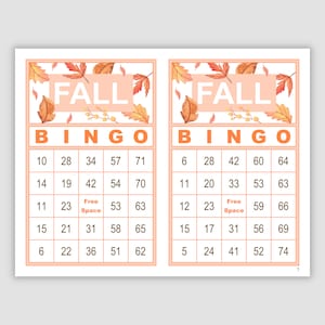 Könnte beinhalten: Zwei druckbare Herbst-Bingo-Karten mit einem orange-braunen Herbstblatt-Design. Jede Karte hat ein 5x5-Raster mit den Zahlen 5-74. Das mittlere Feld auf jeder Karte lautet "Freies Feld".