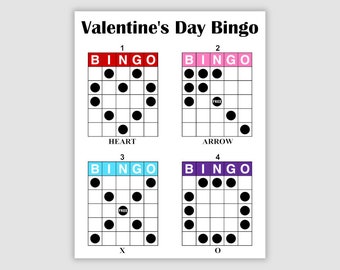 May include: Valentine's Day Bingo game with four cards. Each card has a different color background: red, pink, blue, and purple. The cards have a free space in the center and are filled with black circles.