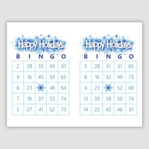 200 Happy Holidays Bingo Cards Pdf Download, 2 Per Page, Instant Printable Fun Party Game, Blue Snowflakes