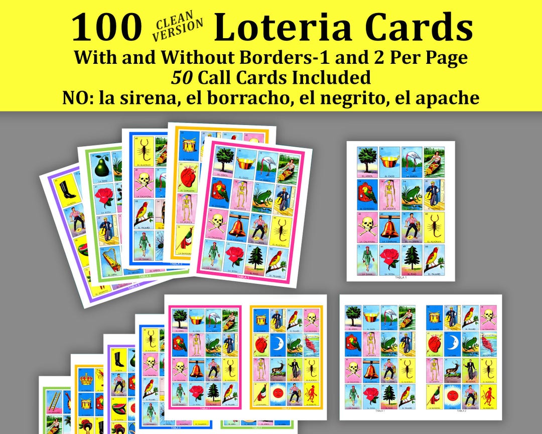 Loteria Cards 100 Clean Version Cards PDF, Printable Mexican Bingo ...
