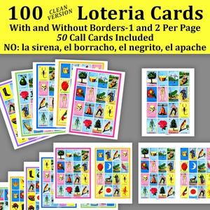 Loteria Cards 100 Clean Version Cards PDF, Printable Mexican Bingo Cards Virtual Mexican Lottery Cards Loteria Hispanic Bingo Party Game