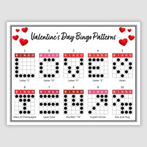 Peut inclure: Cartes de bingo pour la Saint-Valentin avec dix motifs différents. Chaque motif est étiqueté avec un numéro et un nom, comme "Lettre 'L'" ou "Cœur".