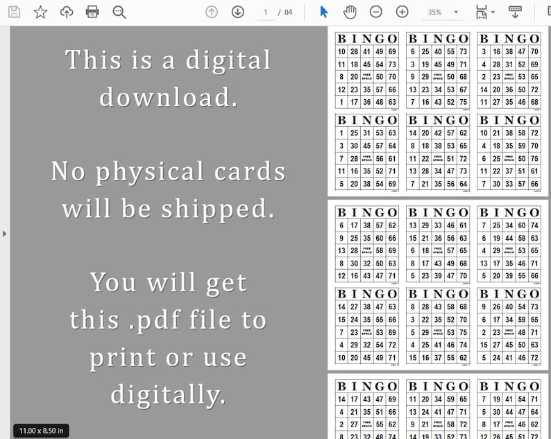 Screenshot of 6 per page bingo card pdf