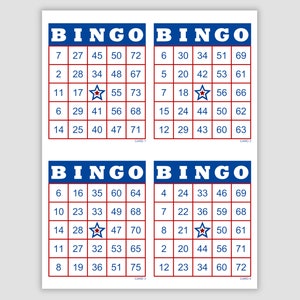 1000 Bingo Cards Pdf Download, 1, 2, and 4 Per Page, Instant Printable Fun Party Game, Patriotic Red White and Blue